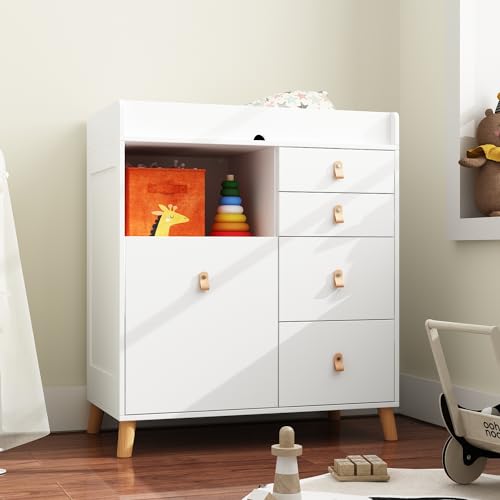 Image of ROMSHINE Baby Dresser with Changing Table Top, 5 Drawers Nursery Dresser with Removable Guard, Infant Diaper Changing Station Baby Cloth Organizer for Nursery and Kids Bedroom, White - 33.5" W
