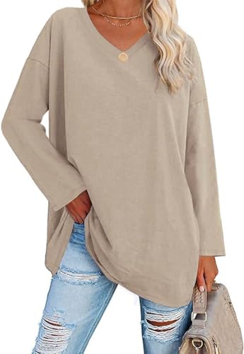 Ebifin Oversize Langarmshirt Damen Longshirt V-Ausschnitt Oberteil Langarm T Shirts