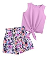 Arshiner Mädchen Tanktops mit Shorts Set Kinder Sommer Bekleidungssets Lässige Mode Ärmelloses T-Shirts Kleidung Anzug für Mädchen 9-10 Jahre Violette & Blume