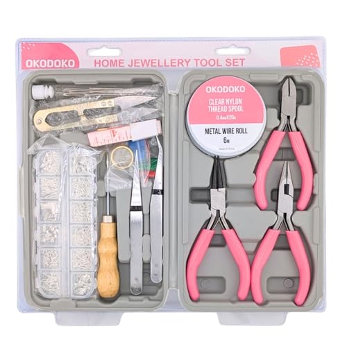 Kit de herramientas para hacer joyas de 17 piezas con accesorios (600 piezas), alicates, agujas, cortador, cinta métrica, enhebradores, punzón, pinzas, nailon, alambre para pulseras hechas a mano