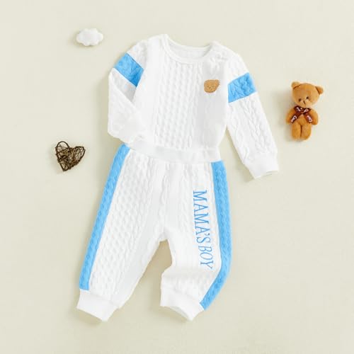 Image of Babieshouse Newborn Baby Boy Clothes Mamas Boy Bear Embroidery Long Sleeve Romper Pants Set Fall Winter Outfits 3-18 Months