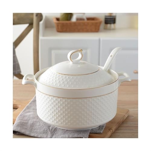 Tureen de porcelana con tapa y cuchara, cuenco de servir de doble asa, apto para microondas y lavavajillas, diseño de borde dorado, ideal para servir en la cocina, 1,5 L