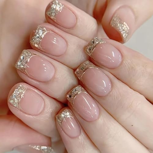 24pcs Gold Glitter French Tip Press On Nails Glitter Short Square...