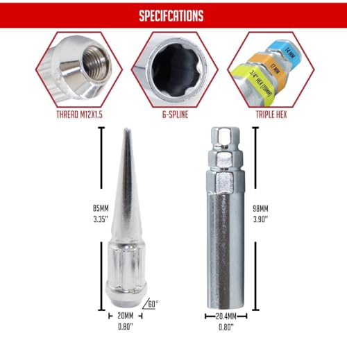 Image of Wheel Accessories Parts 20 Pcs M12 x 1.5 12 x 1.5 Thread Spike Spline 3.35 inch Long Lug Nuts Chrome Car Spline Hex Fits Chevrolet Camaro Corvette ｜ Ford Fusion ｜ Hundai Elantra Sonata ｜ Mazda 3