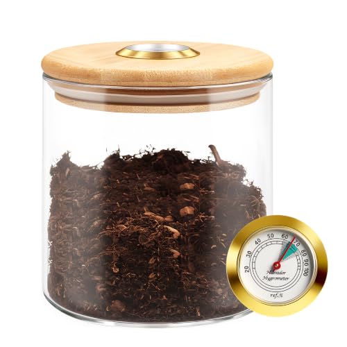 Pipe Tobacco Humidor Jar with Hygrometer – Airtight Glass Tobacco Storage Jar with Bamboo Lid, Silicone Seal Ring & Moisture Retention Design, Humidity Control Container for Pipe Tobacco