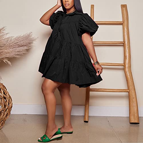 Image of WOKANSE Women's Cute Babydoll Dresses Casual Loose Puff Sleeves Ruffle Hem Button Down Pleated Shirt Dress