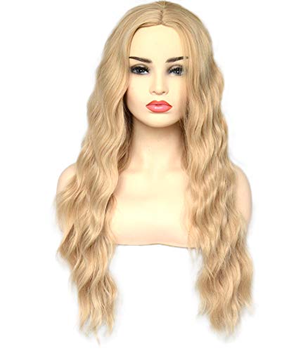BLUPLE Natural Wavy Mixed Bleached Blonde Wig Heat Resistant Synthetic Glueless Replacement Wigs for Women Strawberry Blonde/Bleach Blonde Mixed Color (22 inches, No Lace Wig,Mixed Blonde)