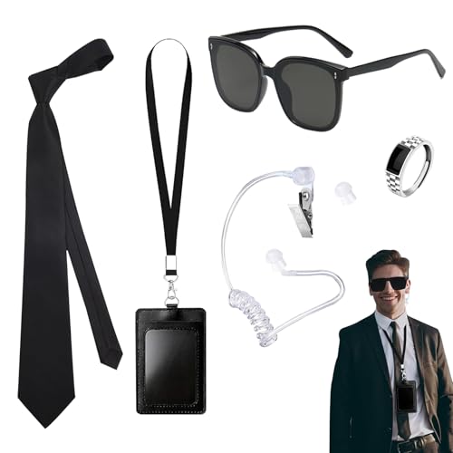 FOSDICK 5 piezas Agente Disfraz Accesorios, Kit De Traje De Guardia De Seguridad Secreto, Servicio Secreto Juego de Disfraces Espía Accesorios con Gafas Corbata para Hombres Mujeres para Cosplay