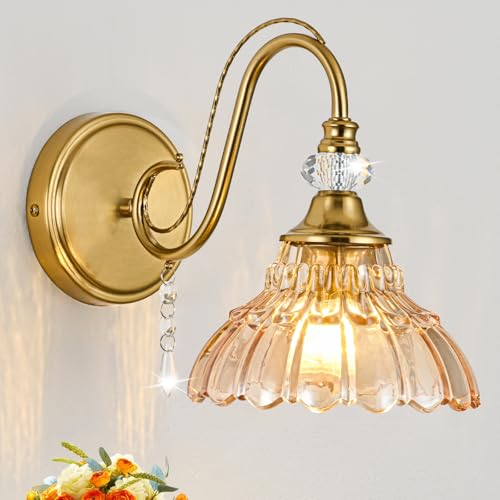 Image of 1 Piece Vintage Wall Sconce, 1-Light Brushed Gold Finish Wall Sconce with Hanging Crystal Accents and Flower-Shaped Amber Shades for Bathroom Bedroom Living Room,Vintage Vanity Light