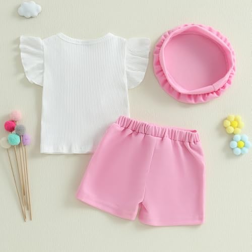KMBANGI Toddler Baby Girl Skirt Set Ruffle Short Sleeve Bowknot Knitted T-Shirts Skirt Shorts Beret Baby 3Pcs Summer Clothes4
