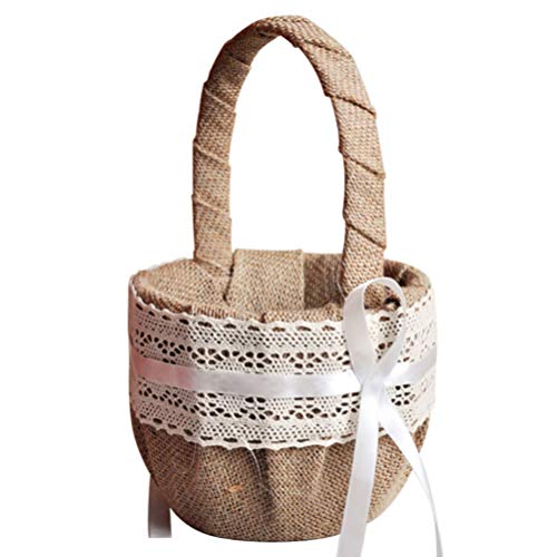 DOITOOL Canasta de Niña de Las Flores con Asa Boda de Lino Poliéster Arpillera Bowknot Canasta de Niña para Vintage Rústico Boda Ceremonia Fiesta Baby Shower