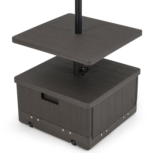 RELAX4LIFE 3 in 1 Base per Ombrellone con Ruote, Tavolino per Ombrellone, Base Riempibile con 45 L di Acqua o 67 kg di Sabbia, Fioriera Mlutifonzionale per Giardino e Terrazza (Marrone)