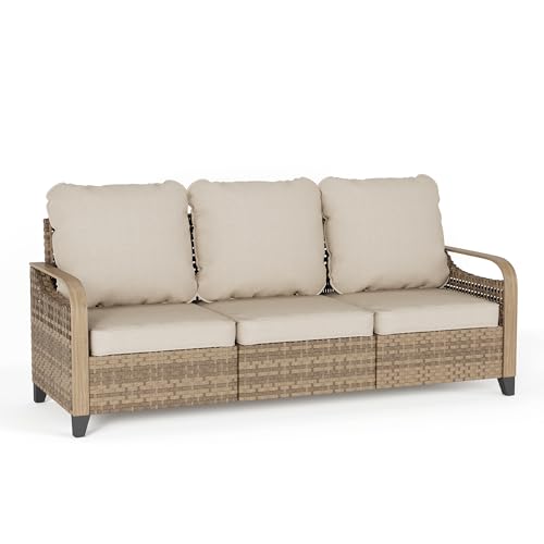 Image of UDPATIO Outdoor Patio Sofa 3-Seat PE Wicker Couch, All-Weather Rattan Furniture with Deep-Seating Water-Resistant Cushions, Non-Slip & Thick Patio Sofa Set for Garden /Porch /Backyard (Beige)