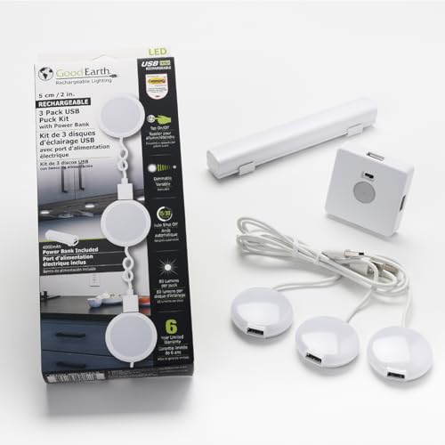 Good Earth Lighting Under Cabinet 2-Inch Puck Lights in White, USB 40000mAh Rechargeable Power Bank, 80 Lumens, 3000K Color Temperature, Set of 3 Lights