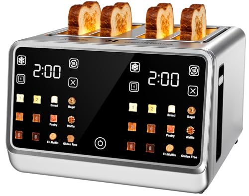 Smart Toaster 4 Slice with Dual Touchscreen, 1800W Stainless Steel Toasters Dual Zone Independent Control Extra Wide Slot 1.5 Inch, Single Slot Tech Timer for Bagel Waffle Bread