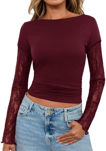 Yousify Womens Lace Long Sleeve T Shirts Going Out Tops 2025 Trendy Boat Neck Basic Tees Fitted Shirt