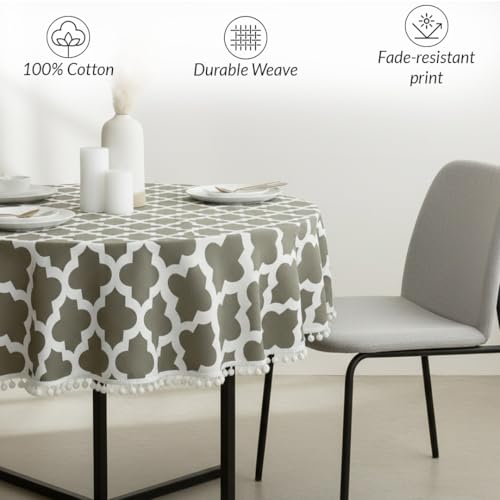 Image of HOMEMONDE Cotton Premium Dining Round Table Cover with White Border Pom-Pom, 45 x 45 Inches Geometric Printed Table Cloth 4 Seater, Round Table Cover - (114x114 CM, Grey)