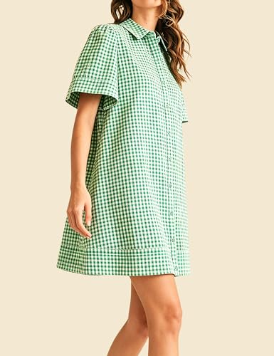 Image of Womens Short Sleeve Button Down Mini Shirt Dress Lapel Collar Short Dresses with Pocket