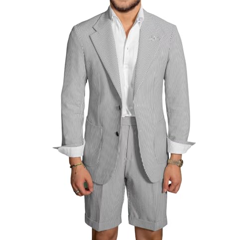 Men's Seersucker Suits 2 Piece Lightweight Striped Blazer Shorts Beach Wedding Prom Casual Summer Dress Suits