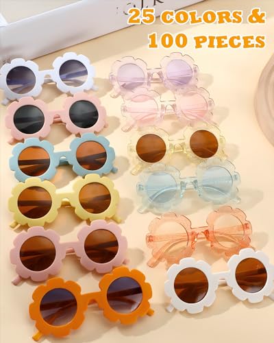 100 Pieces Flower Sunglasses Bulk Kids Round Flower Glasses Cute Sunflower Eyewear Colorful Child Daisy Sunglasses Gifts for Kid Toddler Girls Women Birthday Baby Shower Party Favors, 25 Colors4