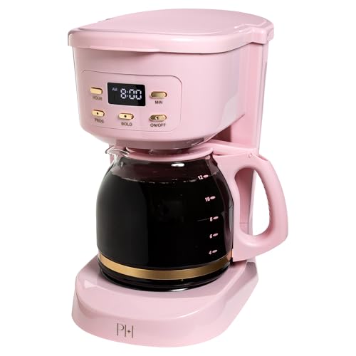 Paris Hilton Digital Coffee Maker 12-Cup Programmable Drip Coffee Machine with Reusable Filter Bold Brew Auto Pause and Serve Keep-Warm Plate Glass Carafe Pink
