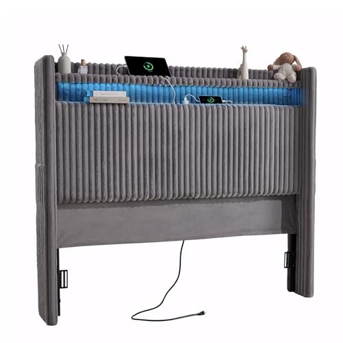 ONBRILL 54 Tall Headboard Queen Size with Storage LED Light Corduroy Wingback Headboard with Charging Station Upholstered Head Board Queen w/High-Density Sponge Padding Storage Pockets Grey