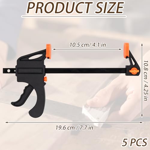 5-Pack Bar Clamps for Woodworking 4 Inch One-Handed Wood Working Clamp Spreader Quick-Change F Clamp for Gluing Drilling Sawing Securing Carpentry and DIY - Thumbnail 2