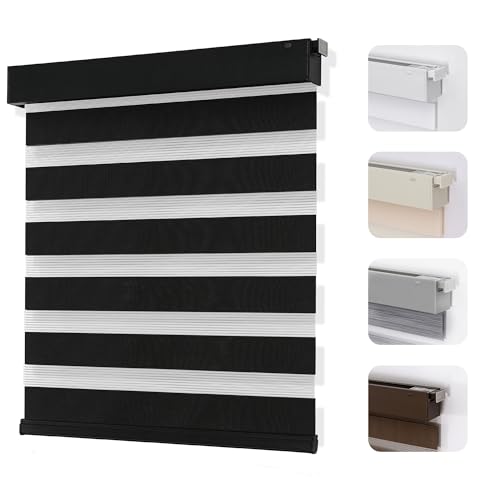 Joydeco No Drill Zebra Blinds for Windows, Cordless Dual-Layer Privacy Zebra Shades for Indoor Windows, Easy to Install, Light Filtering Sheer Blinds for Home (Black,Custom Size)