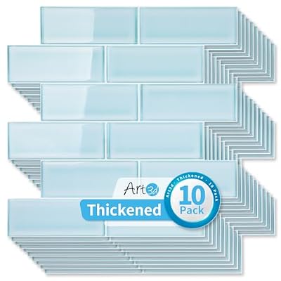 Art3d 10-Pack Heavy-Duty Peel and Stick Backsplash, 12 x 12 Inch Vinyl Seaglass Subway Design Stick on Wall Tile for Kitchen Living Room Home Decor, Aqua Blue