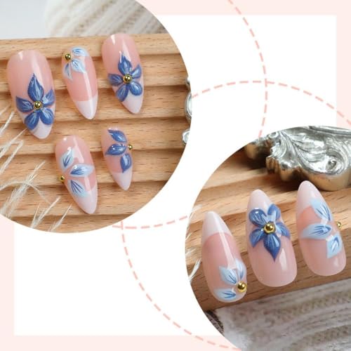 Image of Flower Nail Press ons White French Tip Fake Nails with Gold Design Blue Floral Glue on Nails Glossy Artificial Acrylic Full Cover Medium Almond Stick on Nails for Women Summer Manicure 24Pcs