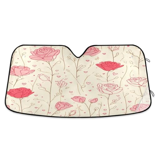 pnyoin Valentines Roses Simple Lline Car Windshield Sun Shade Accordion Folding Sunshade Front Window Protector UV Rays Sun Visor for Car Easy Setup Keeps Your Vehicle Cool