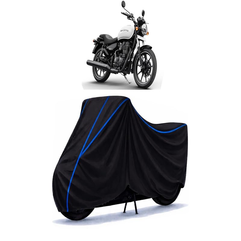 Image of Thunderbird 350X Bike Cover Water Resistant Universal Motorcycle Rain | Heavy Duty UV Protection, Dust, Scratch Indoor Outdoor All Weather with Black Blue Piping Elastic