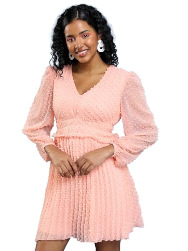 Image of Tokyo Talkies Pink Self Design V-Neck Puff Sleeve Fit Flare Above Knee Dress