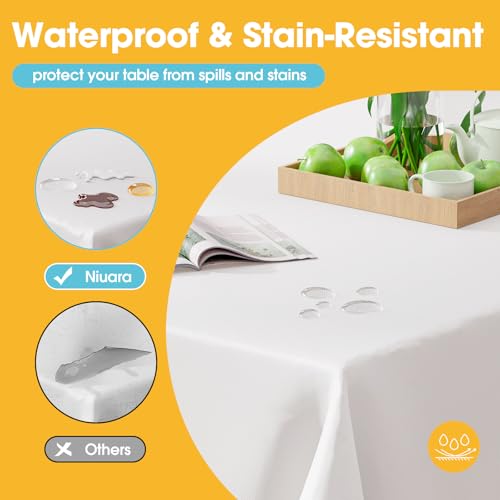 Image of Niuara White Plastic Table Cover Roll - 54IN x 100FT, Table Cloth for Rectangle Table with Slide Cutter, Plastic Table Cloth Disposable with Cut-to-Size Design for Weddings, Banquets, Parties