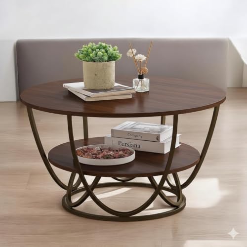 Image of Shoppee Coffee Table - Modern 2-Tier with Faux Marble Top and Gold Metal Frame - Stylish Center Table for Living Room, Sofa Table, Elegant Cocktail Table for Home, Office, Black & Walnut