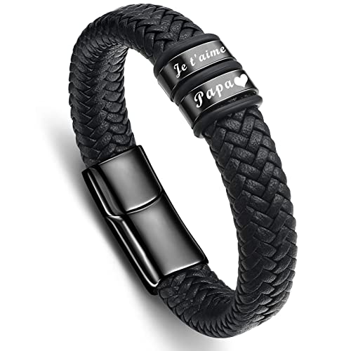 Papa Bracelet en cuir - gravure ”Jet’aime Papa” Cadeau de Noël - Cadeau de fête des pères Cover