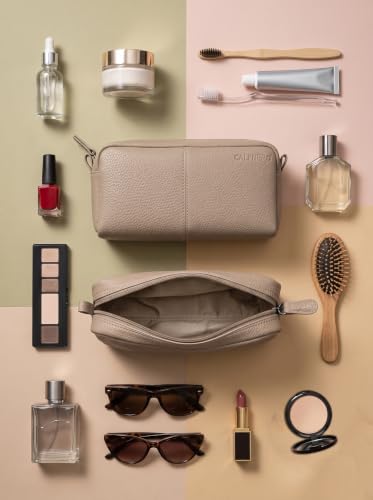 Image of Calfnero Genuine Leather Toiletry Bag for Men & Women | Premium Leather Travel-Pouch | Toiletry Organizer | Cosmetic & Shaving Kit Bag | Unisex Travel Dopp Kit (Beige)