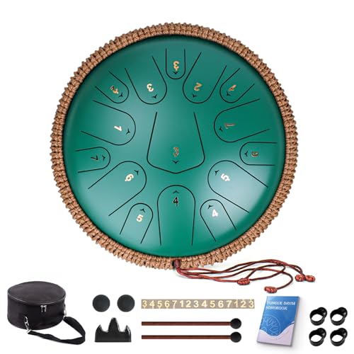 Steel Tongue Drum,13 Inches 15 Notes Handpan in C Major,432 Hz Drum for Adults and Children,with Hand Pan Drum Music Book, Mallets and Carry Bag(Green)