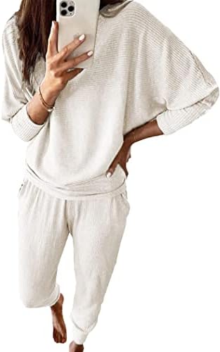 PRETTYGARDEN Women's 2023 Fall Fashion Outfits 2 Piece Sweatsuit Solid Color Long Sleeve Pullover Long Pants (Off-white,Small)