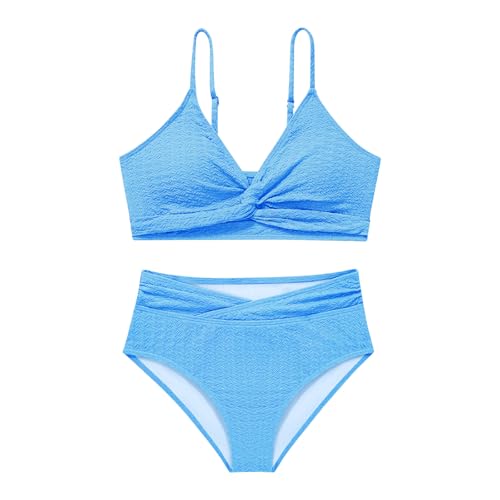 Image of Girls Swimsuit Solid Bathing Suit 2 Piece Twist Cross Adjustable Straps Soft Lining Bikini for Teen Girls with Chest Pad