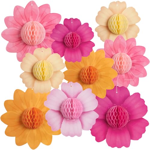 SUNBEAUTY 9 Stück Papierblumen Deko Hängend,Pastell Geburtstagsdeko Sonnenblume Wabenparty Dekoration Hanging Girlande Party Deko für Geburtstag, Hochzeiten, Tischdeko Classroom, Baby Shower