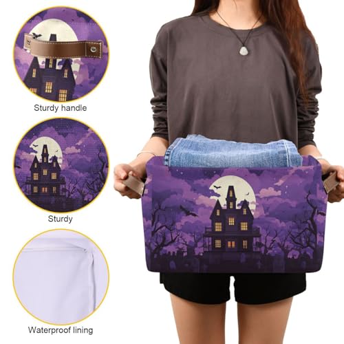 Image of Aslsiy Storage Basket Spooky Castle Halloween Moon Nursery Bins Purple Baby Box Canvas Clothes Shelf Basket Laundry Hampers 2 Pcs