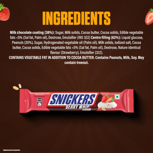 Image of Snickers Berry Whip Flavoured Chocolate Bar | Loaded with Crunchy Peanuts, Nougat & Caramel | Irresistibly Nutty Chocolate Bar | 22g | Pack of 15