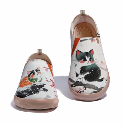 Women's Fashion Sneaker Ladies Travel Shoes Cat Painted Knit Slip On Loafers