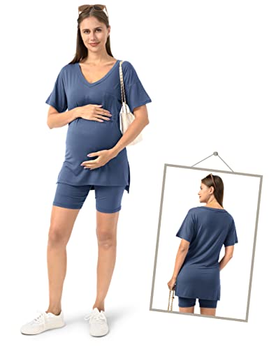 Sunnybuy Women's 2 Piece Maternity Outfits, Slit V Neck Top & Side Ruched Lounge Shorts Maternity Loungewear Sets, Navy S #TOP3