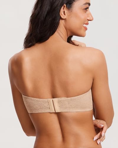 Image of DOBREVA Women's Strapless Lace Bras Unlined See-Through | Underwire, Floral Lace, Sexy, Sheer, Soft, Bow, Multiway, Comfort