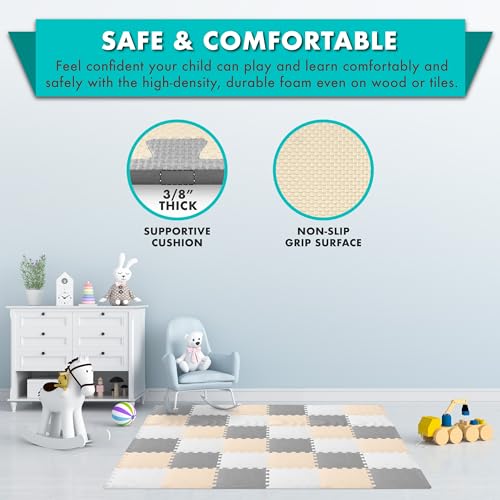 Image of ProSource Baby Play Mat, Soft Foam Floor Tiles for Kids, Interlocking EVA Panels for Playpen Use, Crawling Development Surface, Safe Non-Toxic Toddler Flooring, 36 Tiles, White /Gray /Beige