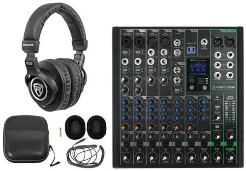 Audiosavings Bundle: Mackie ProFX10GO 10-Channel Battery Powered Analog Mixer w/FX/USB/Bluetooth Bundle with Rockville PRO-M50 Studio Headphones w/Detachable Coil Cable, Case+Extra Ear Pad (2 Items)