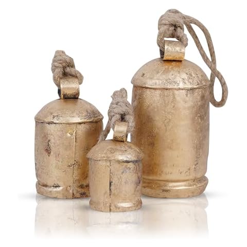 Krati Exports 3 Pc Giant Harmony Cow Bells Rustic Handmade Decorative Vintage Hanging Bells with Jute Rope (Gold Rustic, Large) Cover
