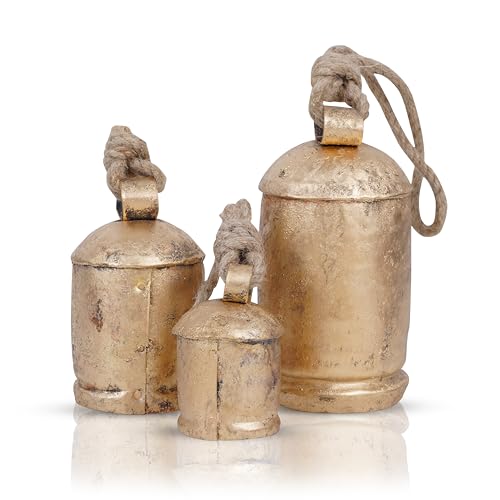 Krati Exports 3 Pc Giant Harmony Cow Bells Rustic Handmade Decorative Vintage Hanging Bells with Jute Rope (Gold Rustic, Large)